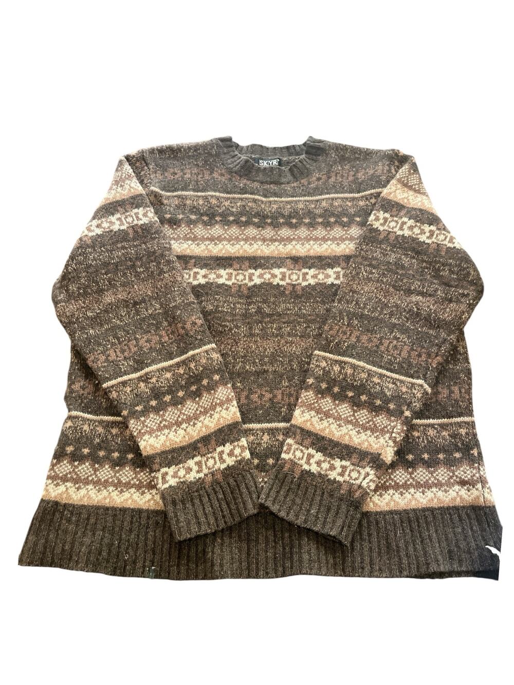 Vtg SKYR Sweater-Men-LambsWool-Sz M-Brown Nordic Isle-Geometric Design-LS-1070